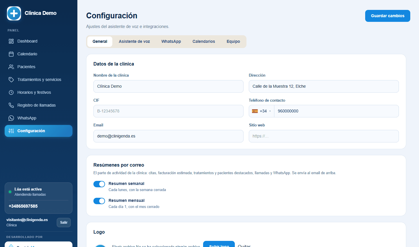 Configuración de Clinigenda, captura real del panel con datos de demostración